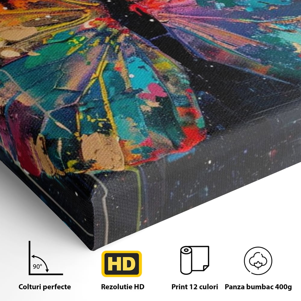 Detaliu al suprafetei: tablou canvas cu fluture multicolor, fara rama, pe sasiu de lemn